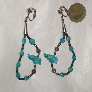 Vintage Zuni Native American Turquoise Fetish Sterling Silver Dangling Earrings